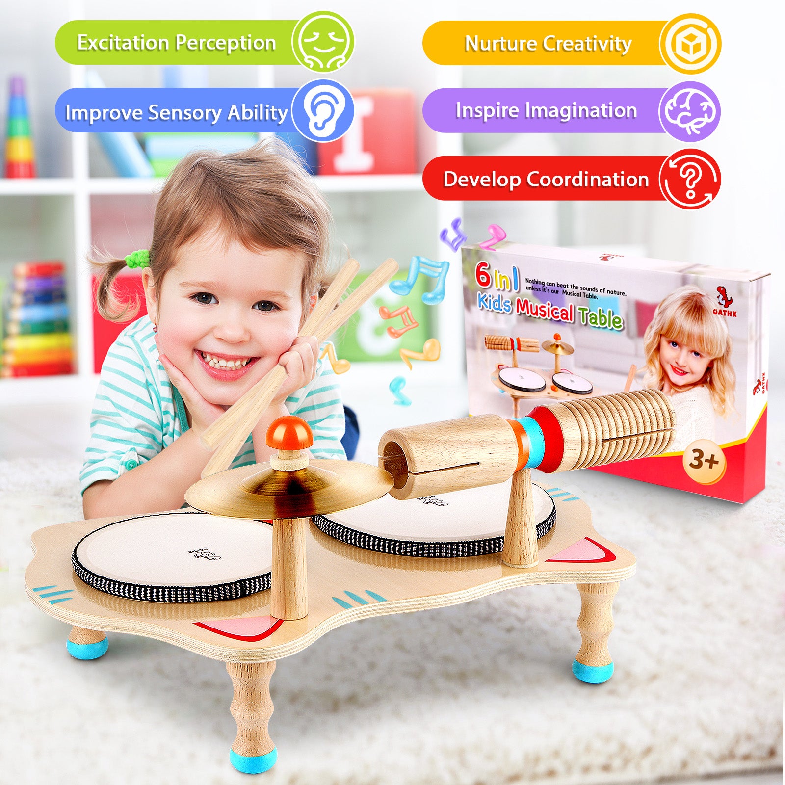 WINYGZ 6-in-1 Wooden Kids Drum Set