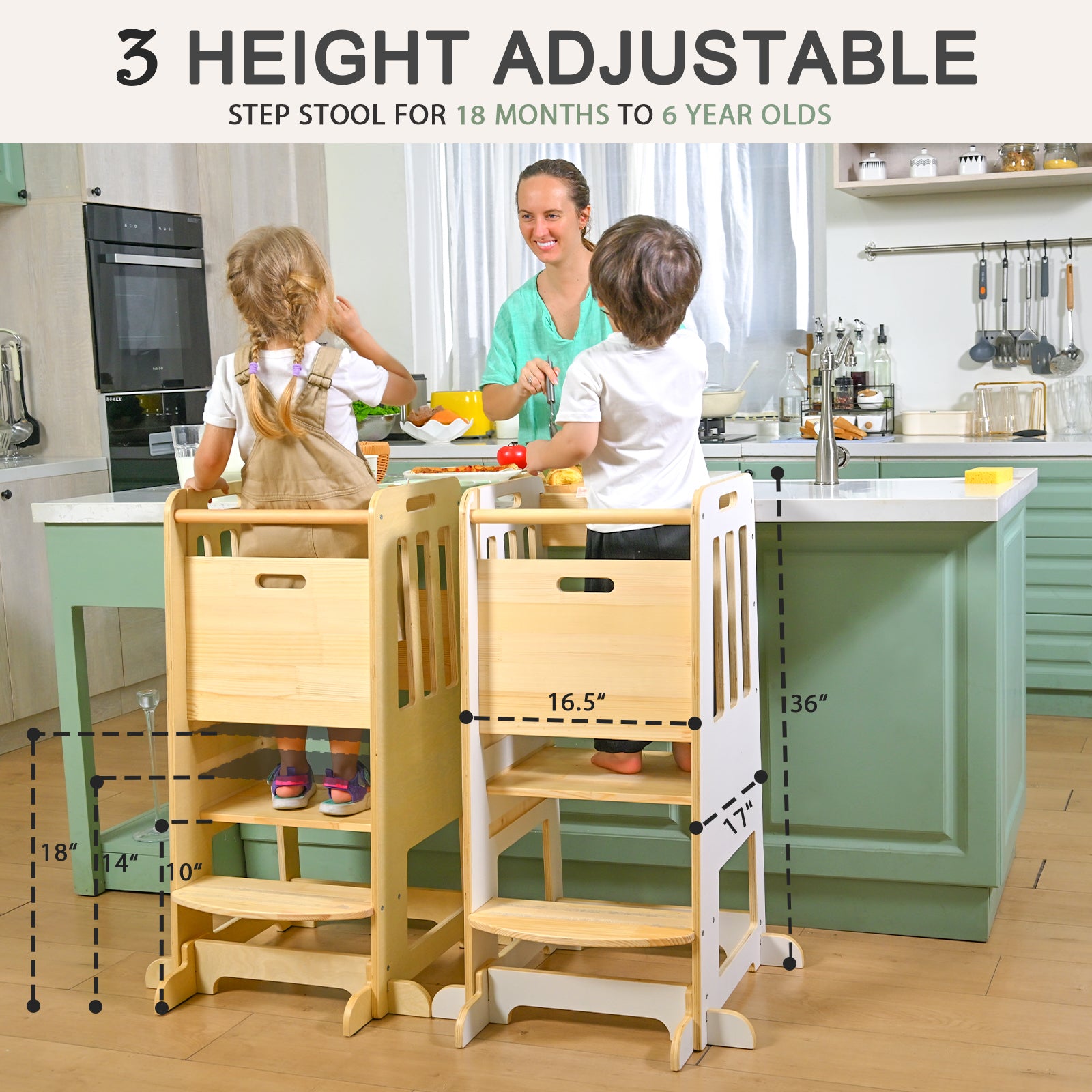 Sweet Time Toddler Standing Tower, Kids Kitchen Stool Helper 3 Levels Adjustable Height Wooden Toddler Step Stools for Learning New Skills