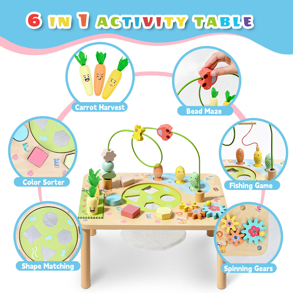 OATHX Toy Bead Maze Toddler Activity Table Wood Montessori Baby Educational Learn Toy Child 1-4 Year