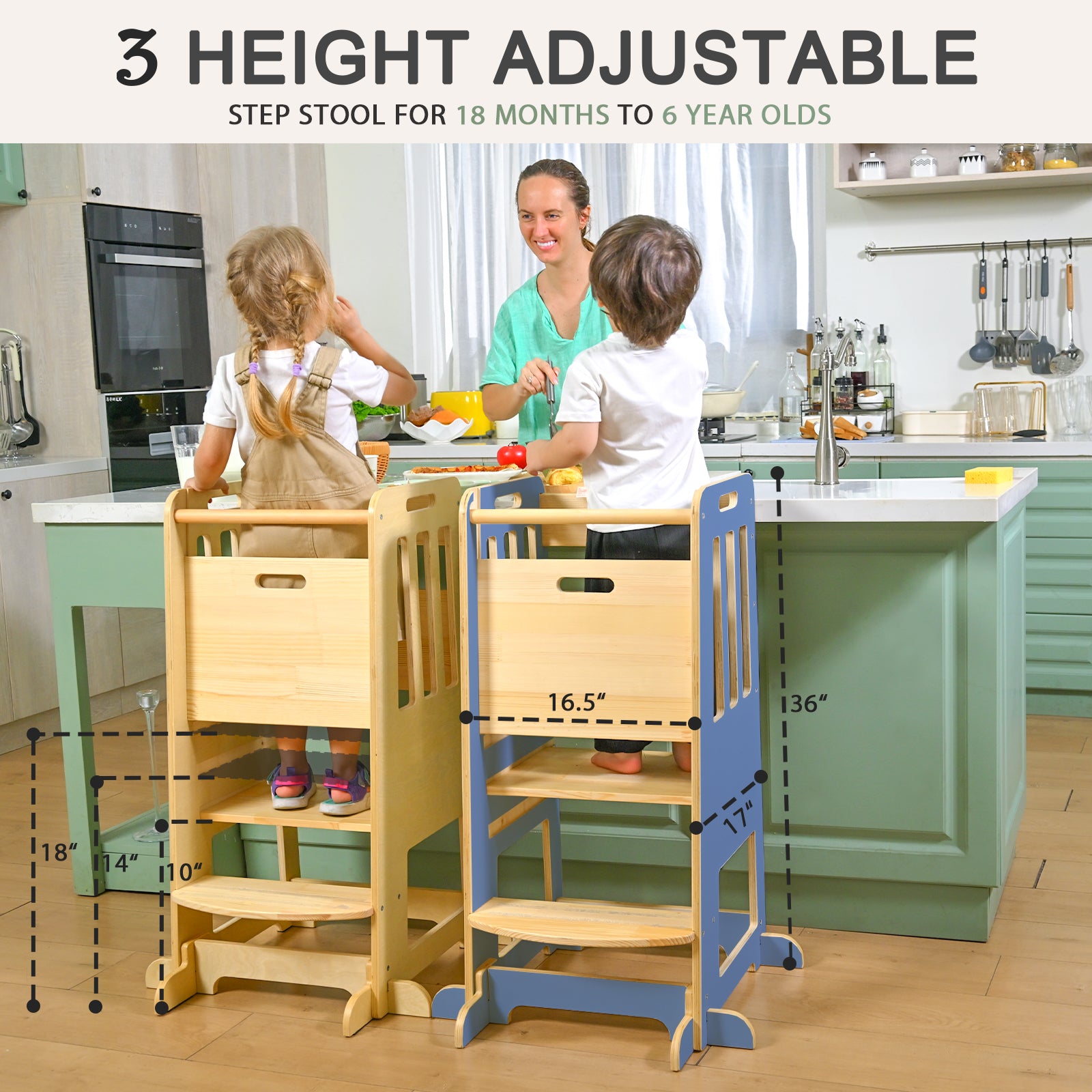 Sweet Time Toddler Standing Tower, Kids Kitchen Stool Helper 3 Levels Adjustable Height Wooden Toddler Step Stools for Learning New Skills