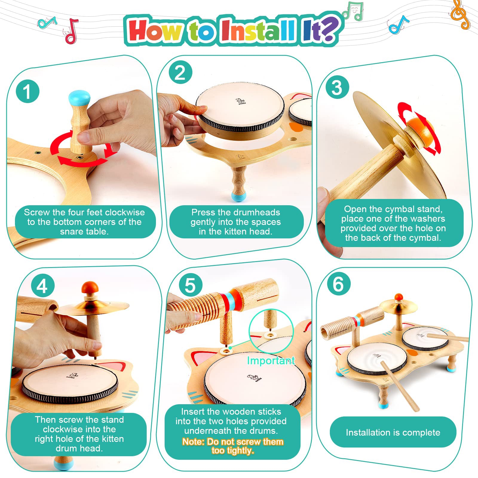 OATHX Toddler Drum Set Educational Toys Kids Wood Musical Instruments Baby Montessori Learn Music Birthday Gift