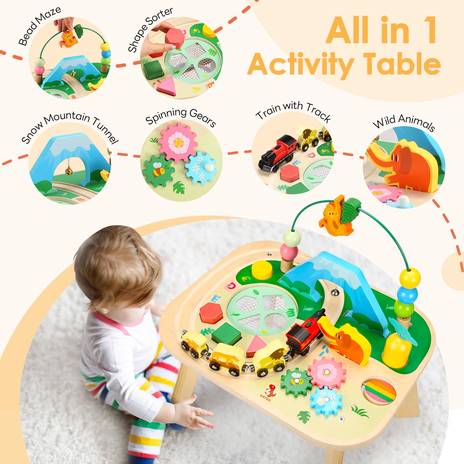 OATHX Toddler Activity Table Train Track Toy Bead Maze Wooden Montessori Learn Toys Kids Sensory Table for 1 Year