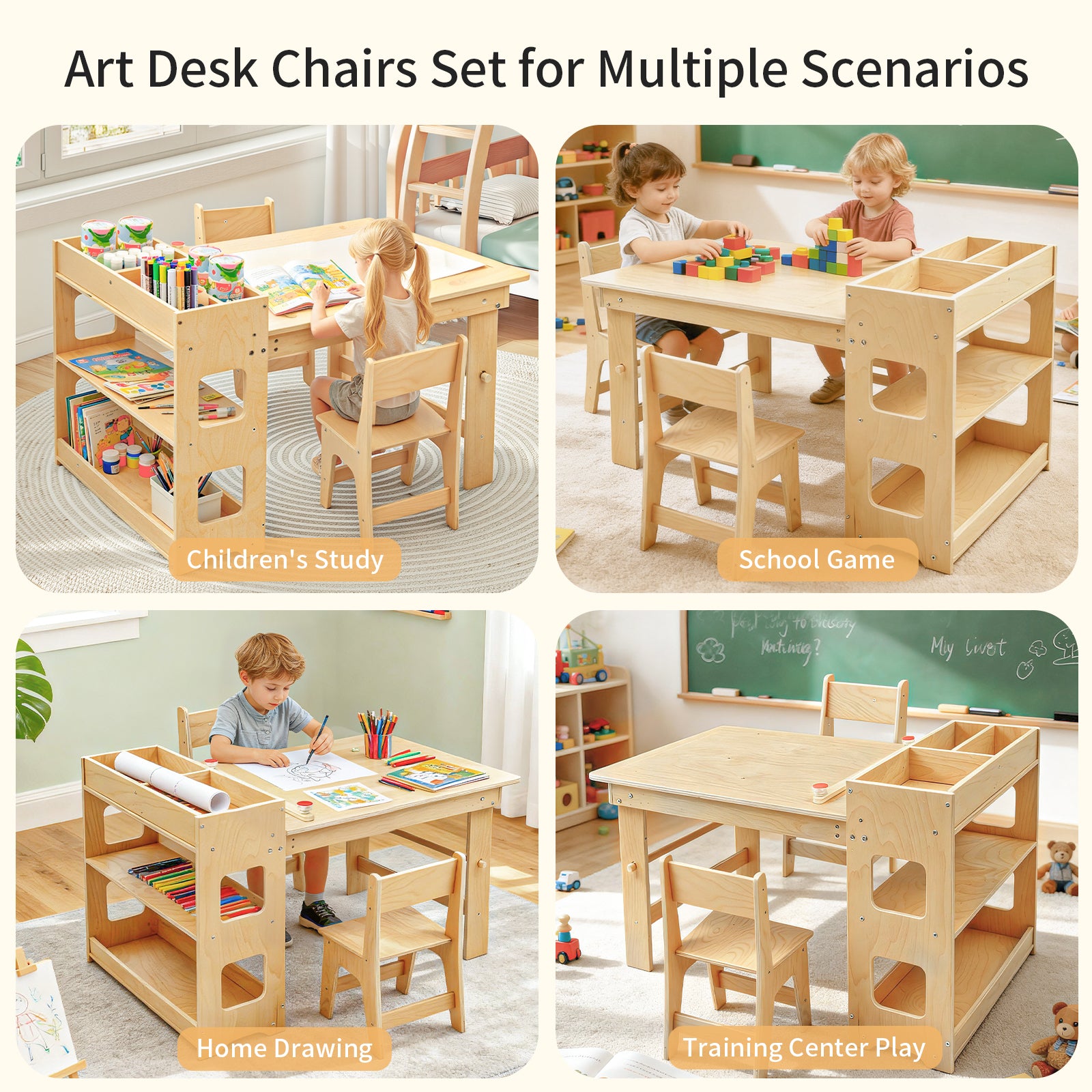 Kids Art Table with 2 Chairs,Children Activity Table with Storage Shelves,Wooden Desk with Paper Roll for Drawing Playrooms Daycare Classroom