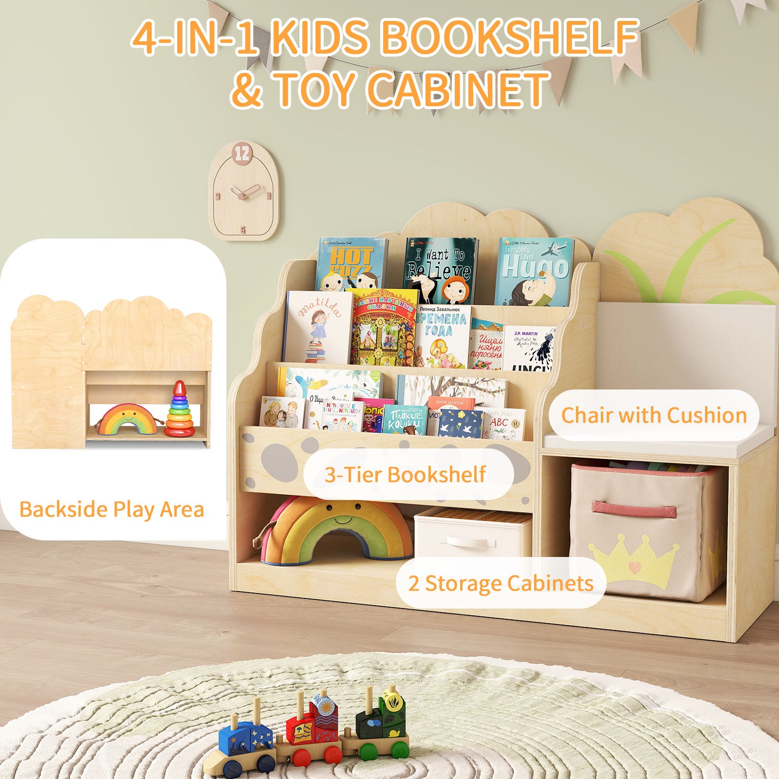 WINGYZ 4-in-1 Wooden 3-Tier Kids Bookshelf & Toy Storage with Reading Nook, Wide Cute Montessori Book Shelf for Kids Rooms Nursery Playroom Living Room Classroom Preschool Gift