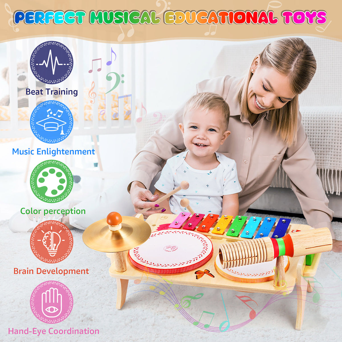 WINGYZ Kids Drum Set, 7-in-1 Wooden Music Instruments for Toddlers FSC Safe Montessori Toys, Low-Noise Musical Toys with Drums, Xylophone for Rhythm, Build Hand-Eye Coordination Gifts for Boys Girls