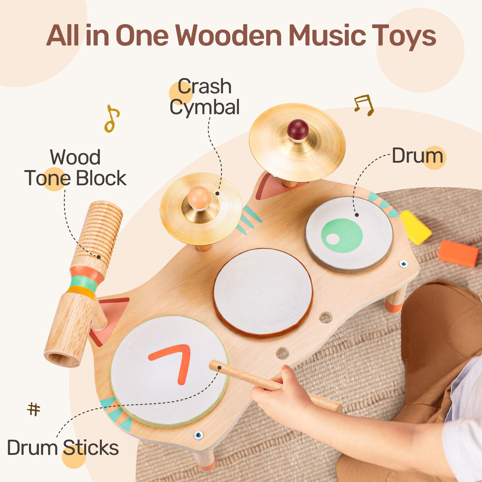 OATHX Kids Drum Set Montessori Musical Instruments Wooden Music Toys for Baby, Toddler Sensory Preschool Drum Kit, Birthday Gifts for Boys Girls