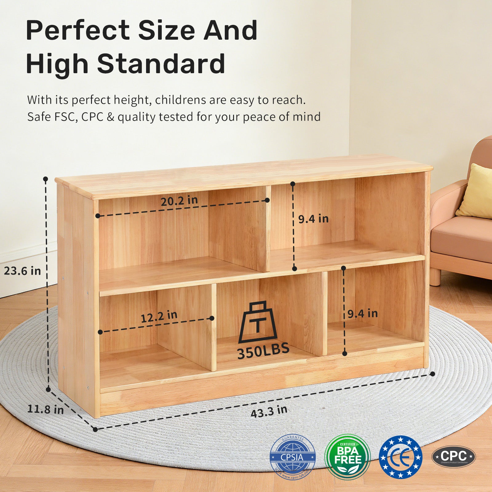 WINGYZ 5-Section Rubber Wood Bookshelf - 43.3" L
