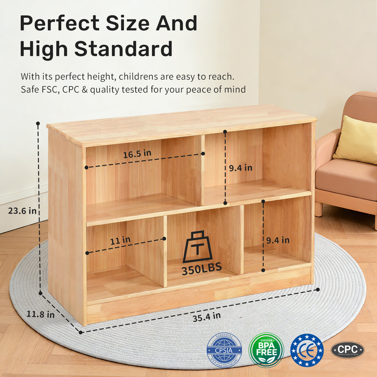 WINGYZ Rubber Wood Montessori Bookshelf - 35.4" L