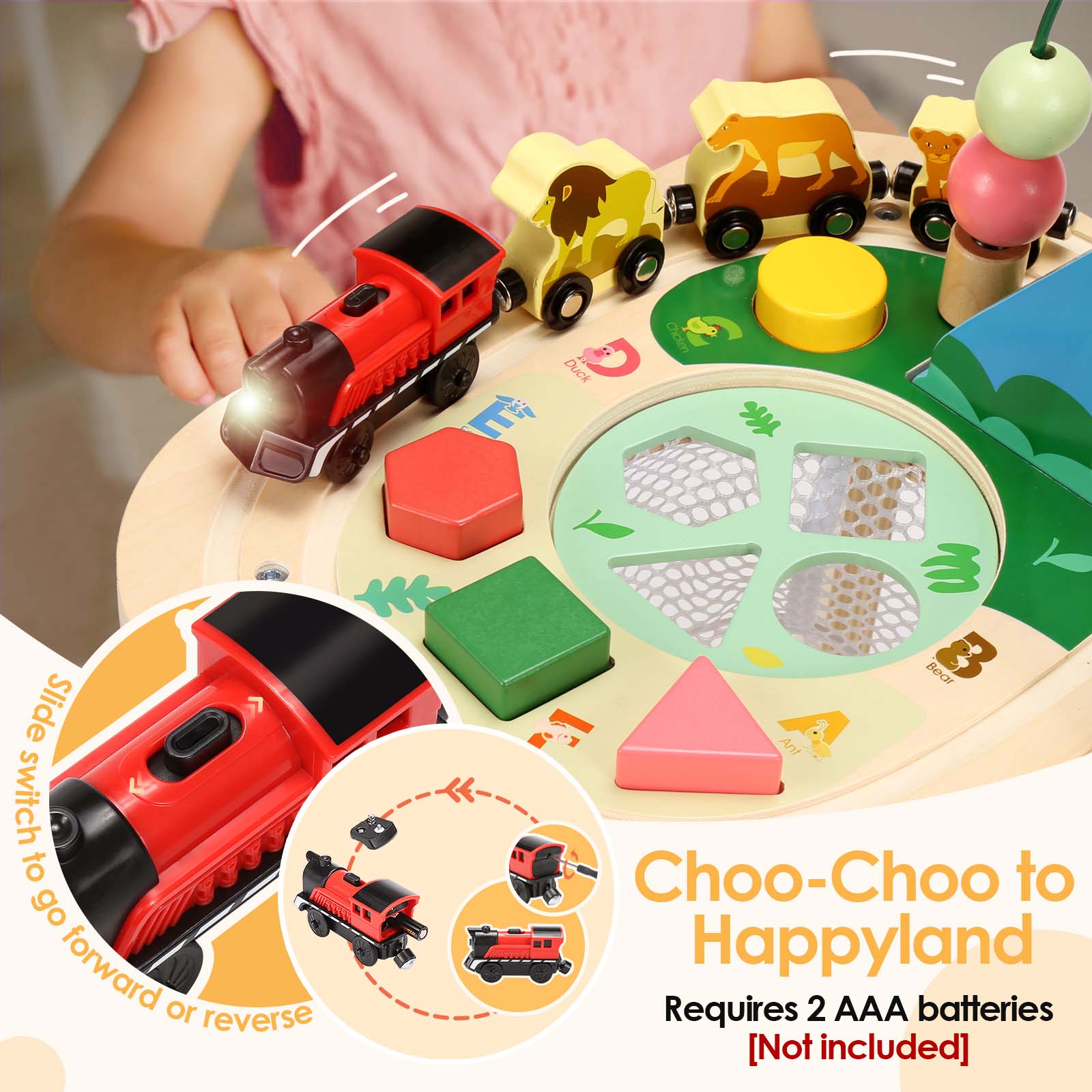 OATHX Toddler Activity Table Train Track Toy Bead Maze Wooden Montessori Learn Toys Kids Sensory Table for 1 Year