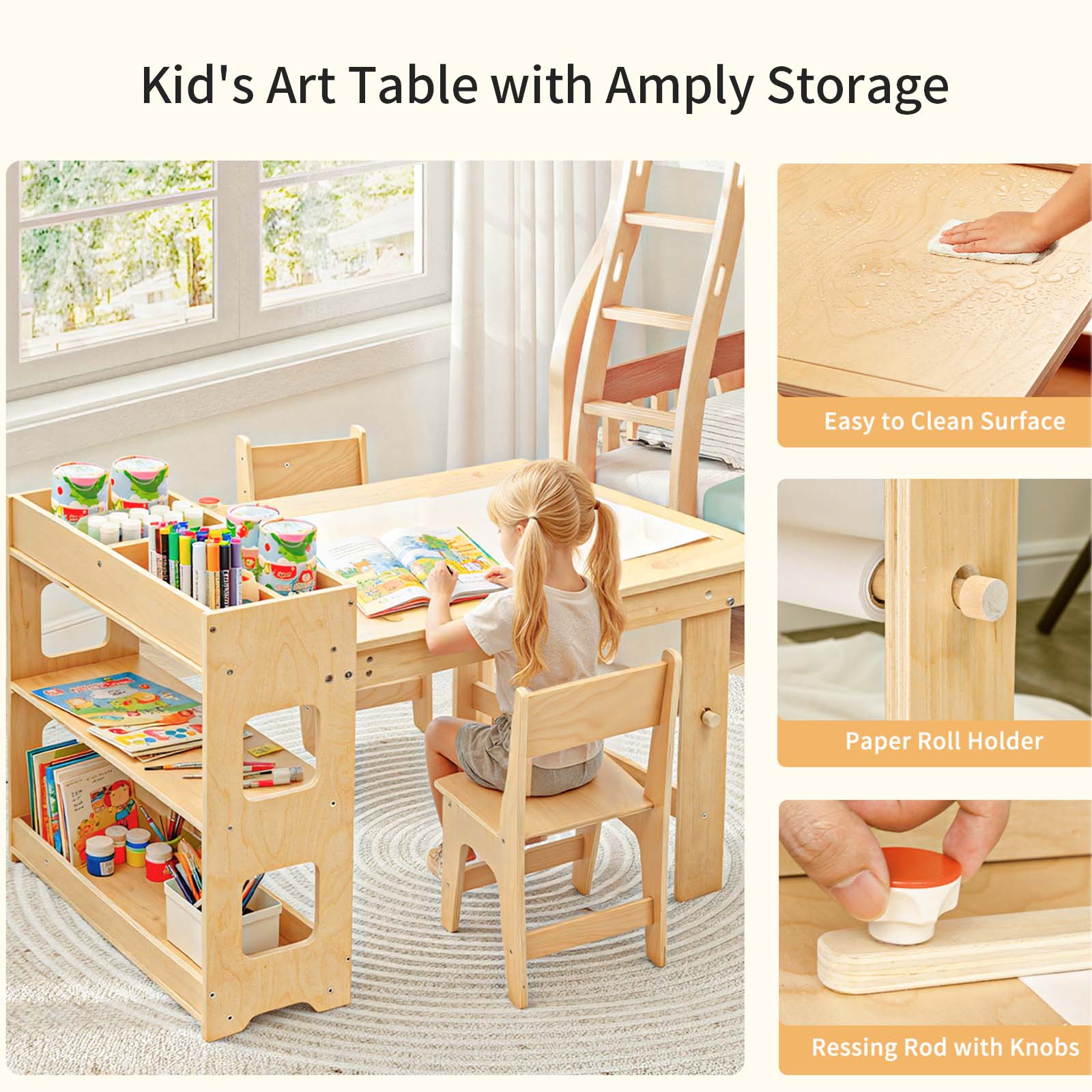 Kids Art Table with 2 Chairs,Children Activity Table with Storage Shelves,Wooden Desk with Paper Roll for Drawing Playrooms Daycare Classroom