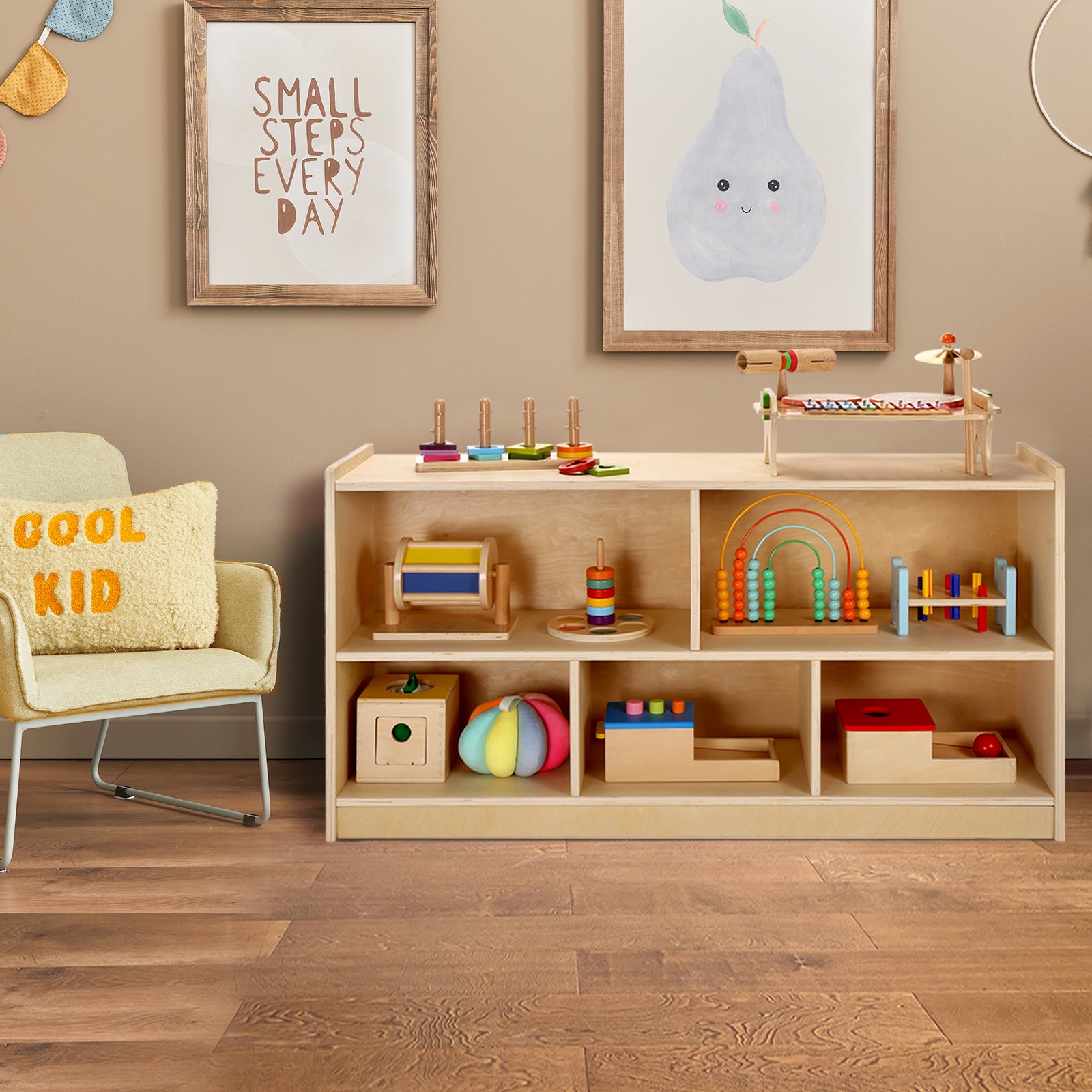 Sweet Time Wooden Storage Cabinet Montessori Bookshelf 5-Section Kids Toy Organizer Book Shelf Living Rooms Nursery Classroom 