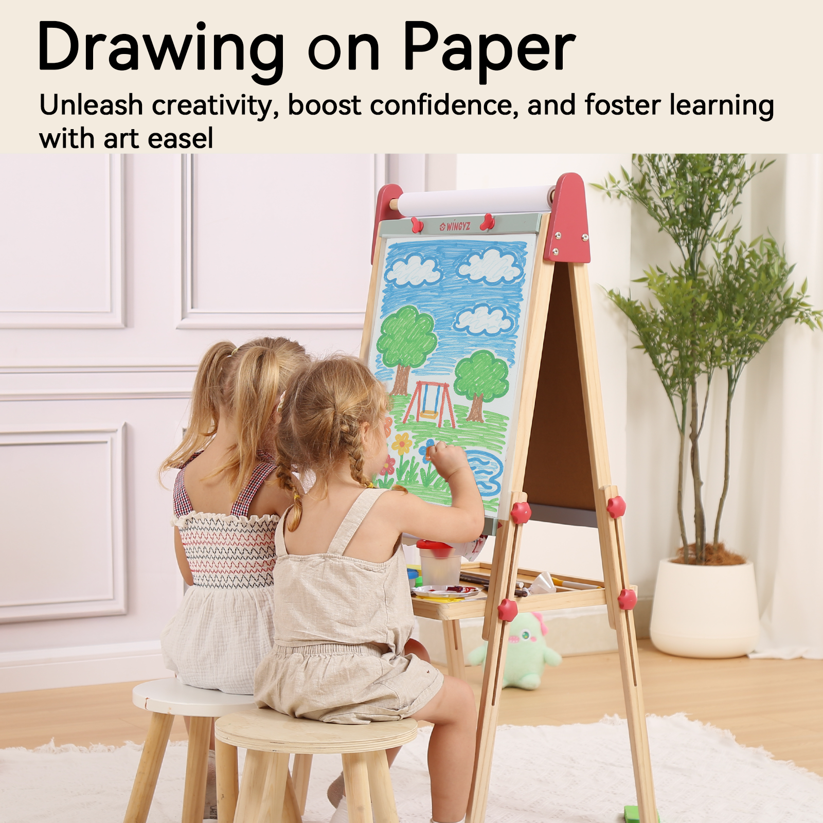 Sweet Time Kids Easel with Paper Roll, Adjustable Magnetic Whiteboard & Chalkboard Drawing Board, Wooden Children Art Stand for 3~12 Years