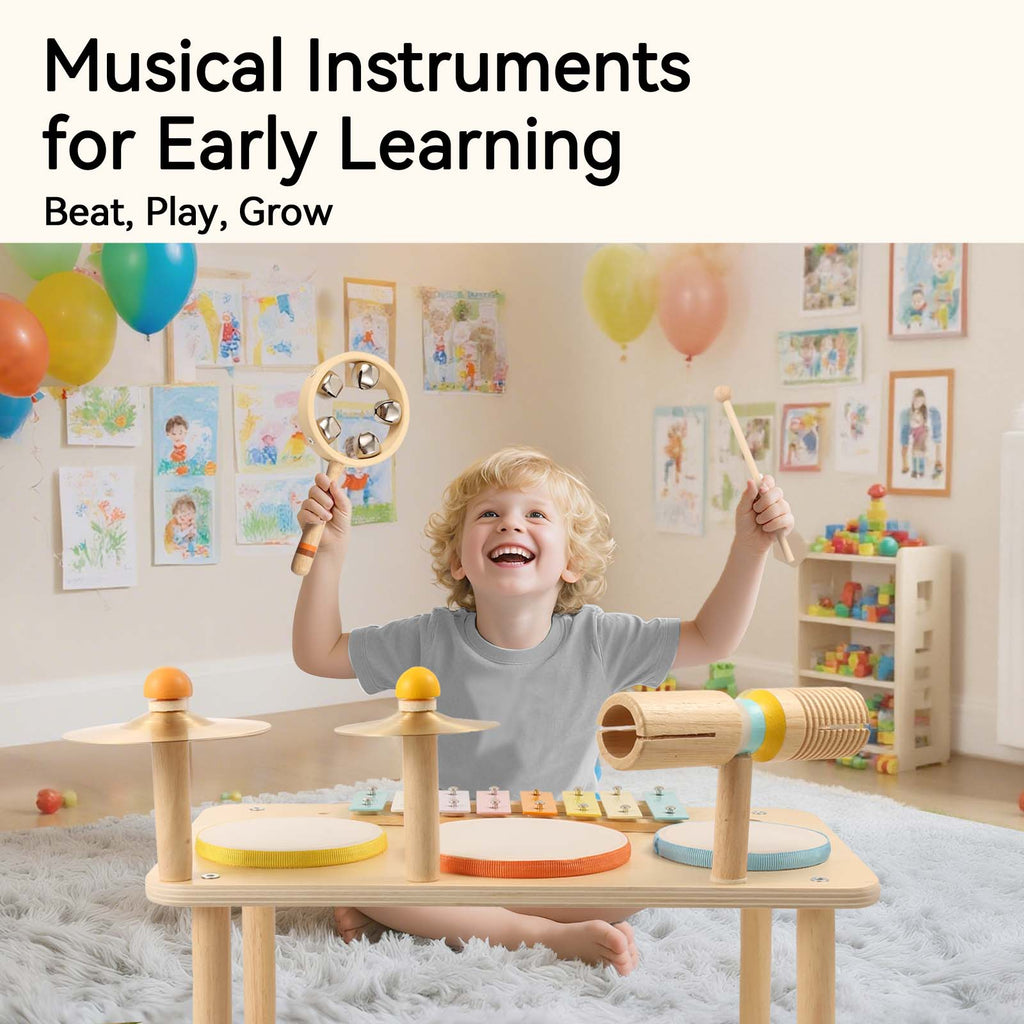 OATHX Kids Drum Set, Montessori Musical Instruments for Toddlers 1-3, Wooden Musical Toys for Baby, Preschool Educational Xylophone Drum Kit