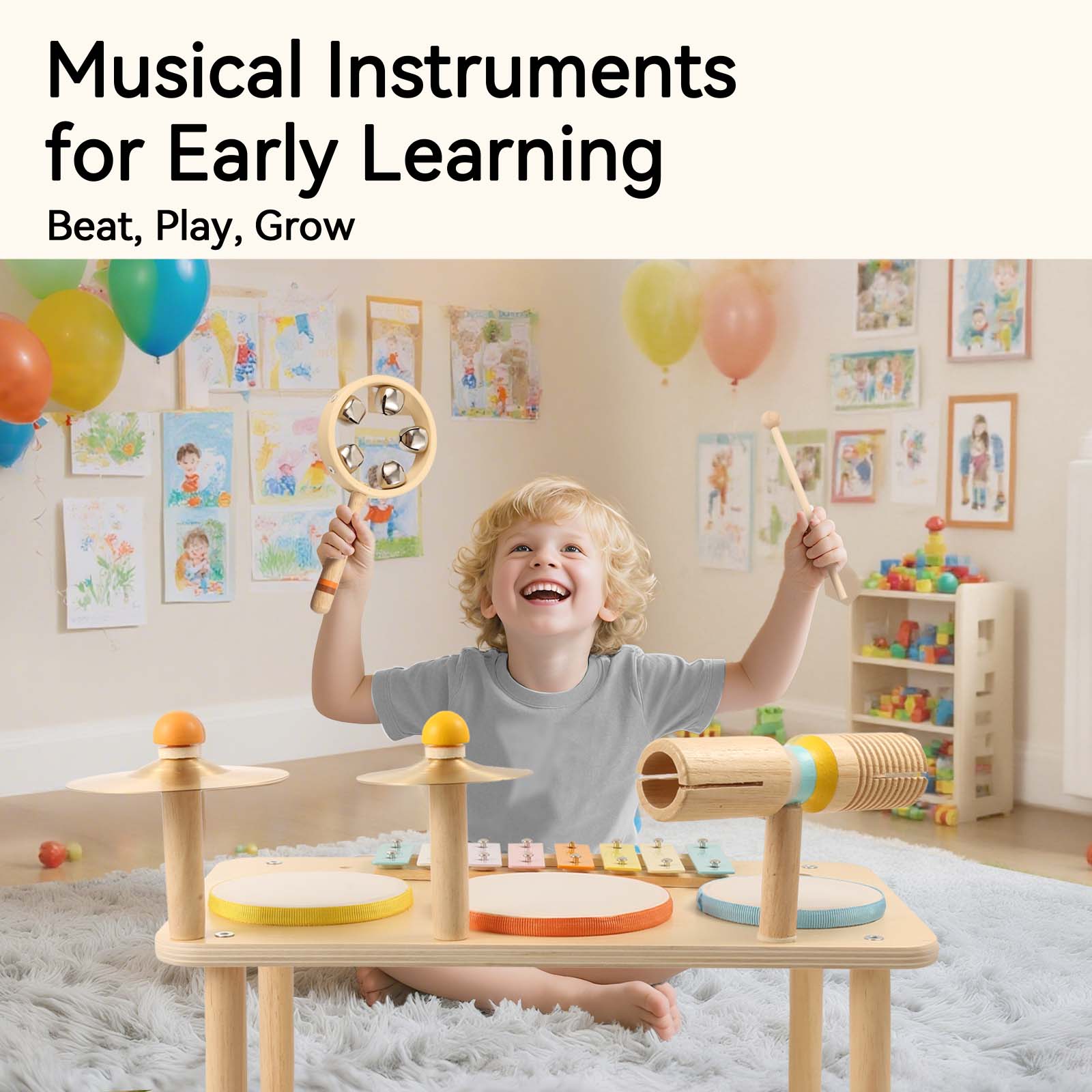 OATHX Kids Drum Set, Montessori Musical Instruments for Toddlers 1-3, Wooden Musical Toys for Baby, Preschool Educational Xylophone Drum Kit