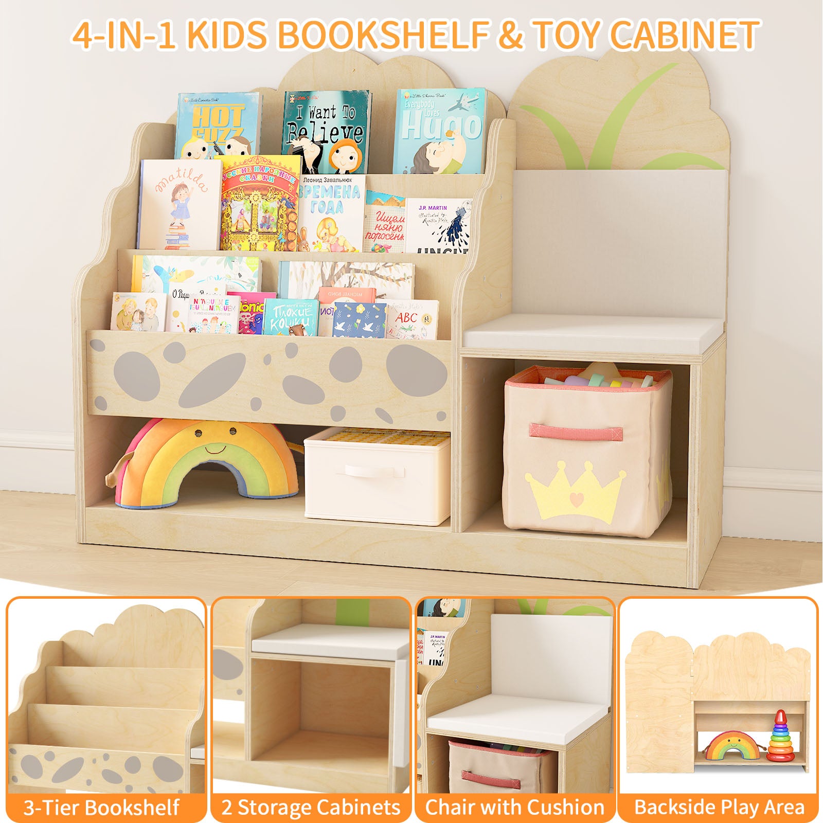WINGYZ 4-in-1 Kids Bookcase with Cushioned Bench
