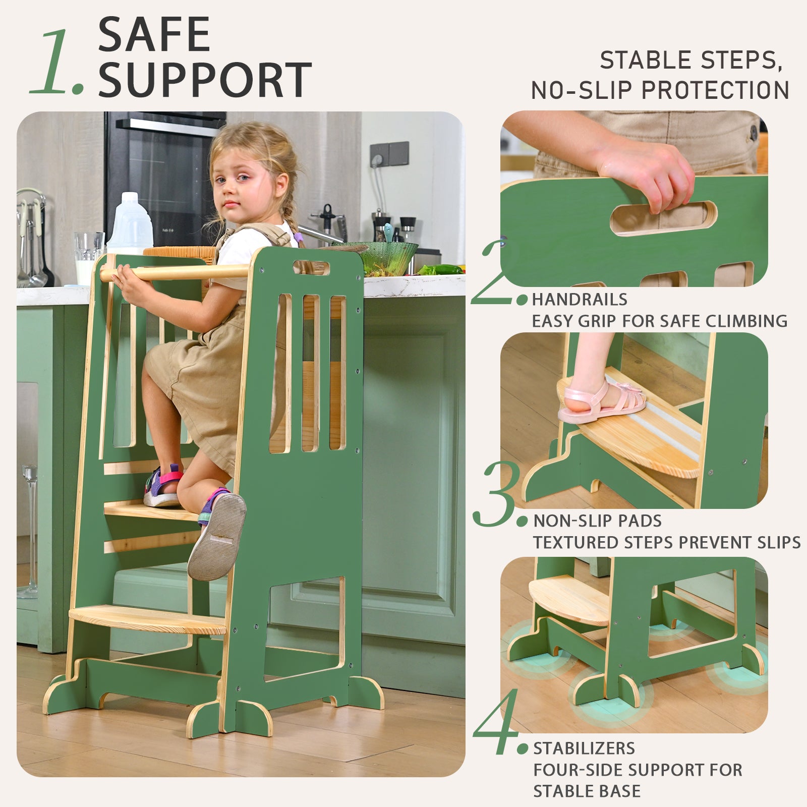 Sweet Time Toddler Standing Tower, Kids Kitchen Stool Helper 3 Levels Adjustable Height Wooden Toddler Step Stools for Learning New Skills