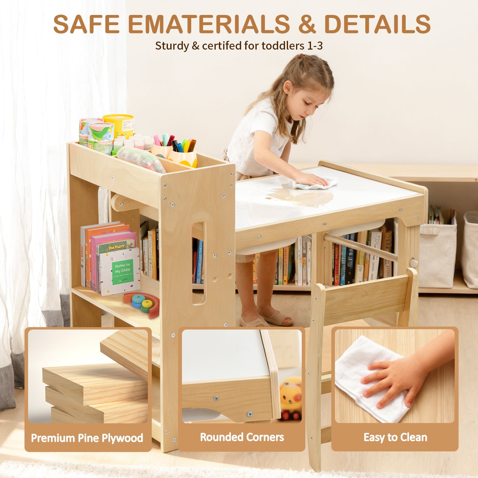 Toddler Sensory Table with Storage Shelves, Adjustable Height Kids Art Table with Chairs and Storage Bins, Wooden Activity Desk with Paper Roll Perfect for Children 1-6 Years