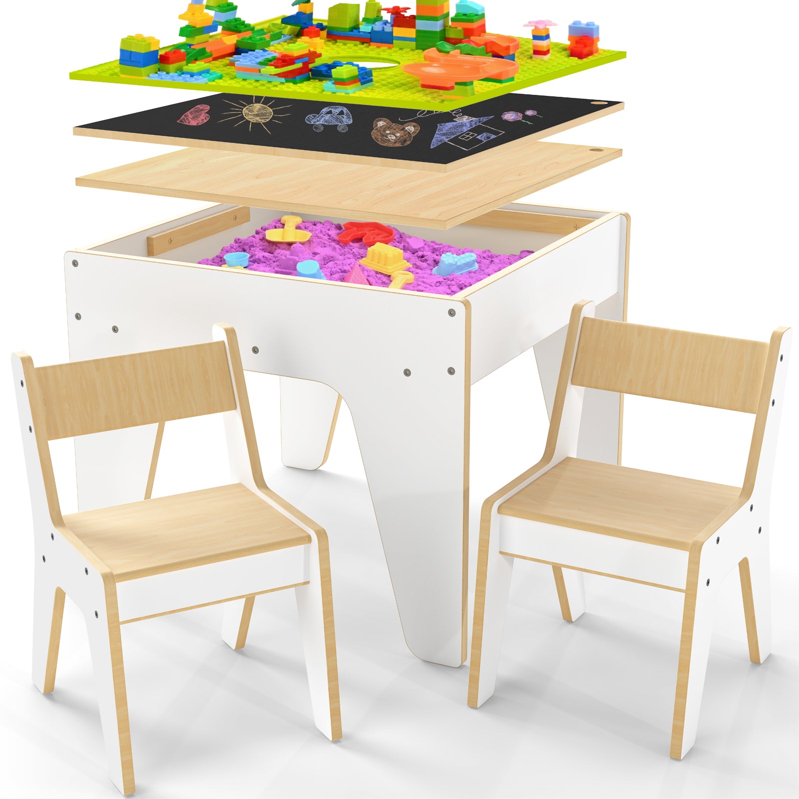 Sweet Time Kids Table and Chair Set, Reversible Wooden Activity Table with Board and Building Bricks Tabletop, 3 in 1 Wooden Toddlers Tables for Arts, Crafts