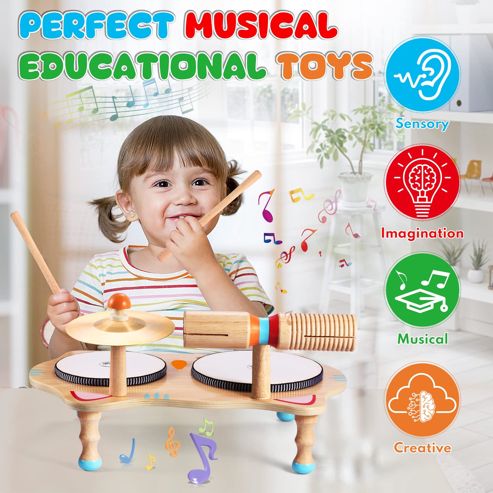 OATHX Toddler Drum Set Educational Toys Kids Wood Musical Instruments Baby Montessori Learn Music Birthday Gift