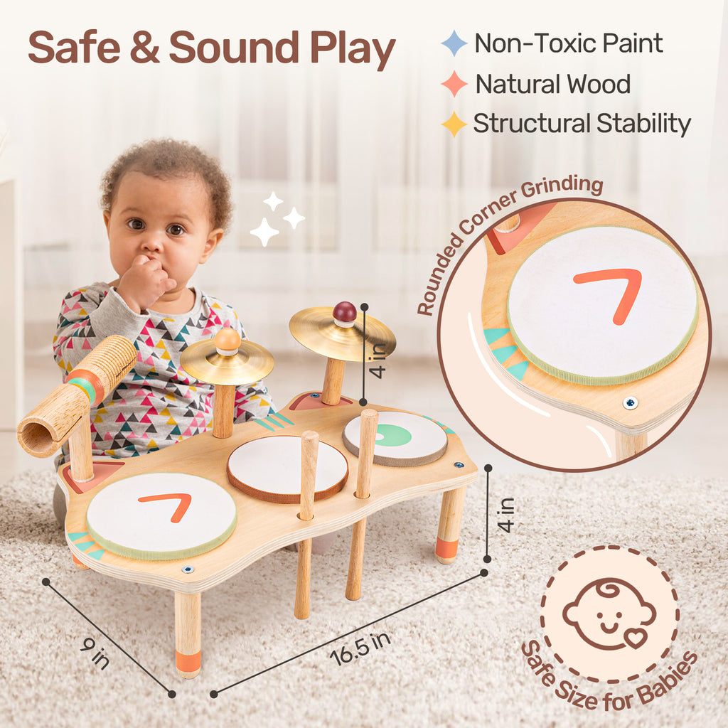 OATHX Kids Drum Set Montessori Musical Instruments Wooden Music Toys for Baby, Toddler Sensory Preschool Drum Kit, Birthday Gifts for Boys Girls