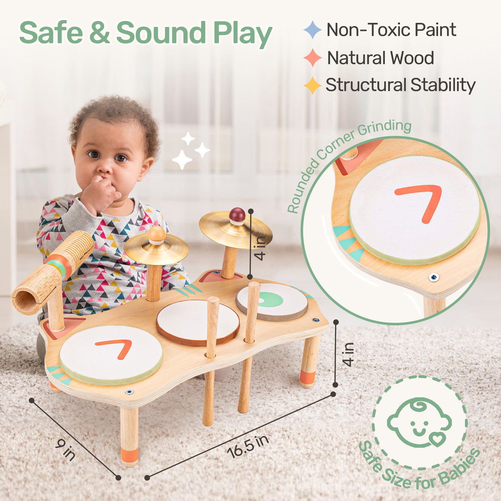 WINGYZ Wooden Montessori Drum Set (Neutral Colors)