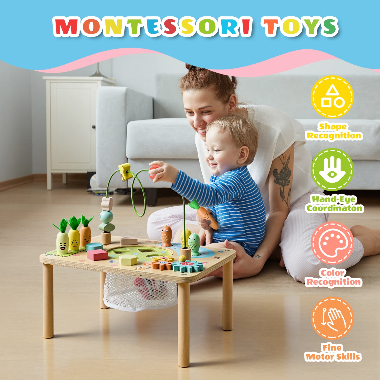 OATHX Toy Bead Maze Toddler Activity Table Wood Montessori Baby Educational Learn Toy Child 1-4 Year