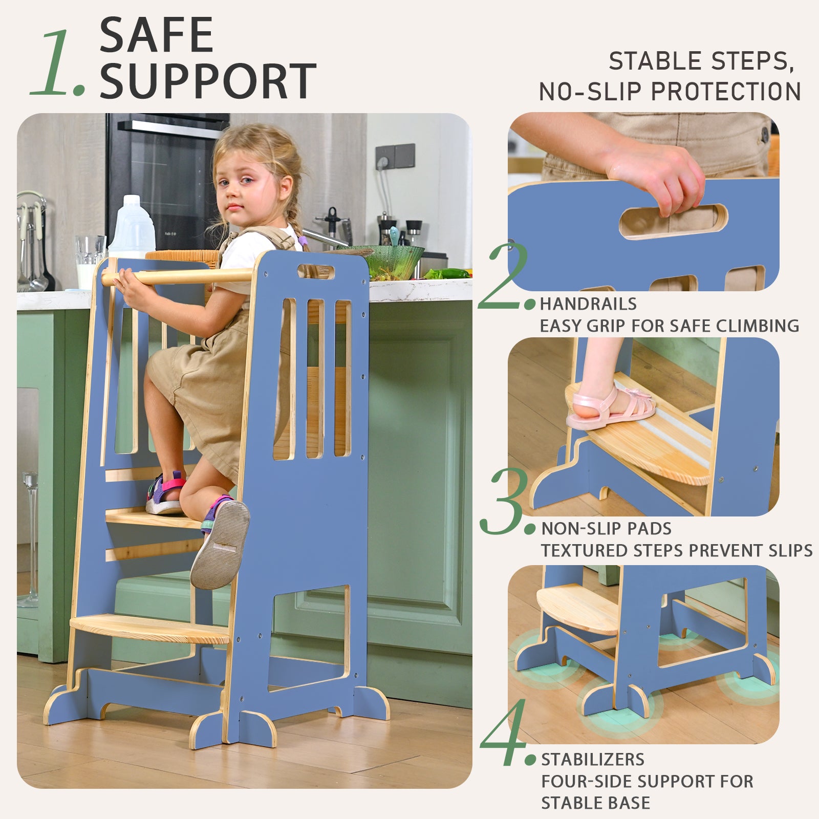 Sweet Time Toddler Standing Tower, Kids Kitchen Stool Helper 3 Levels Adjustable Height Wooden Toddler Step Stools for Learning New Skills