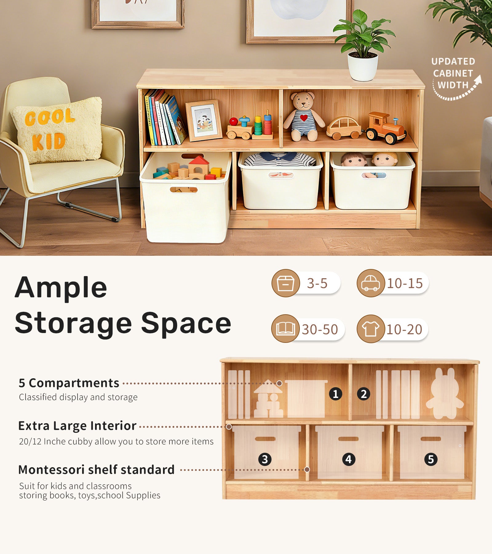 WINGYZ 5-Section Rubber Wood Bookshelf - 43.3" L