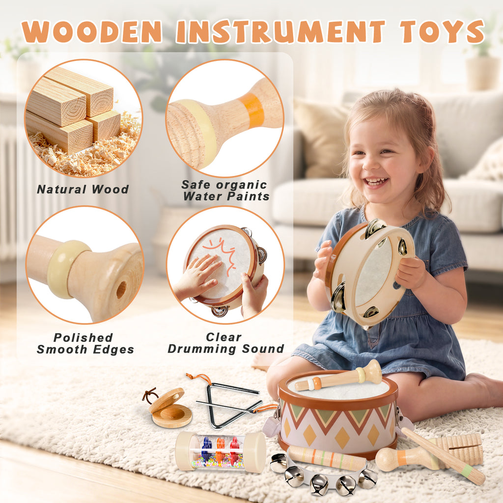 OATHX Kids Drum Set Tambourine Maracas Toy Drum Baby Music Kit Wood Musical Instruments for Toddler
