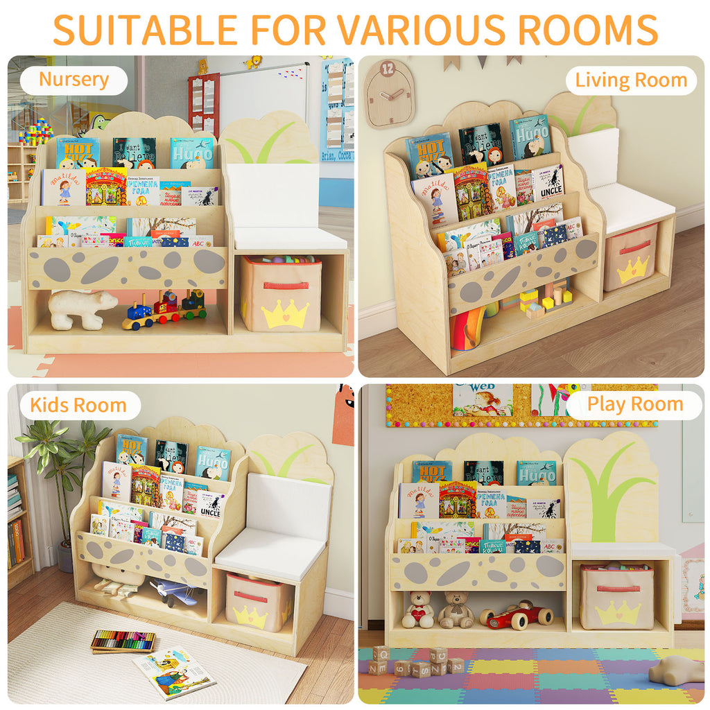 WINGYZ 4-in-1 Wooden 3-Tier Kids Bookshelf & Toy Storage with Reading Nook, Wide Cute Montessori Book Shelf for Kids Rooms Nursery Playroom Living Room Classroom Preschool Gift