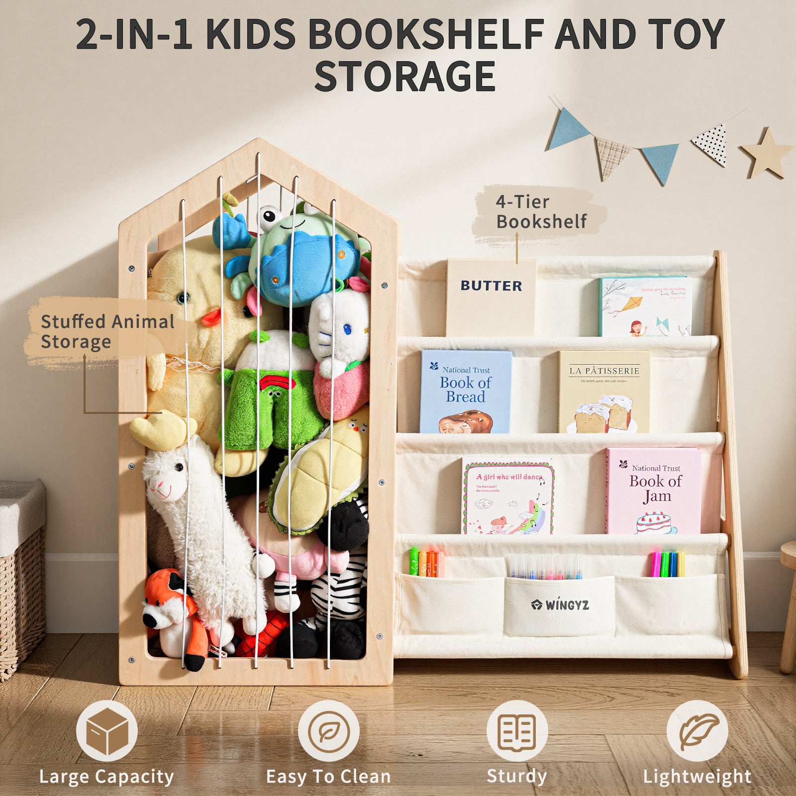 wingyz Toy Storage Organizer and Kids Bookshelf, Baby Bookcase with 4-Tier Fabric Sling & Stuffed Animal Storage, Wooden Montessori Book Shelf for Kids Room, Classroom, Playroom & Nursery