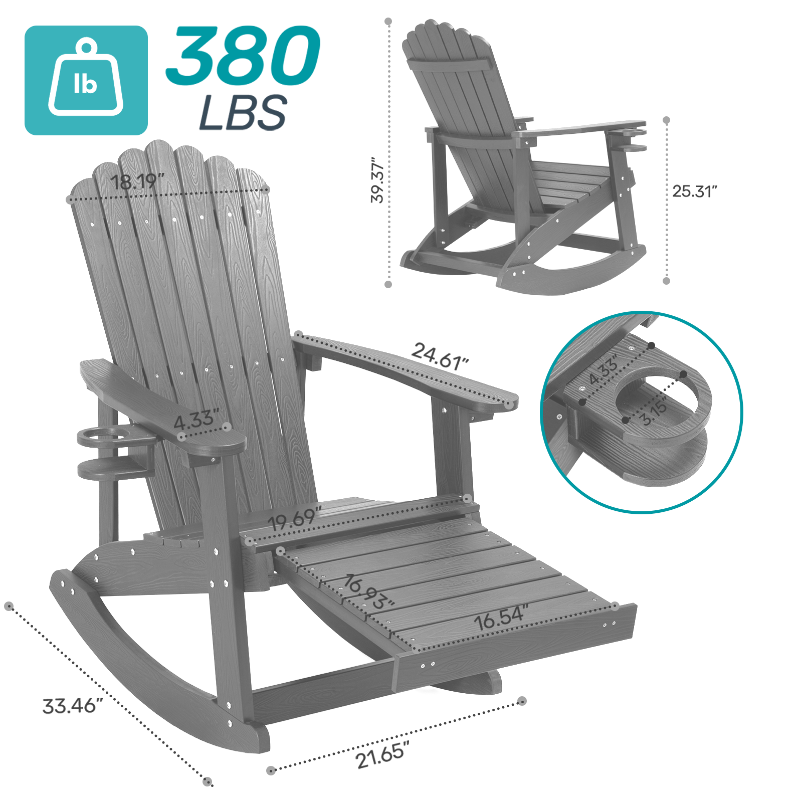 Wingyz Outdoor Rocking Chair with Ottoman and Cup Holders Patio Adirondack Chairs for Porch Garden