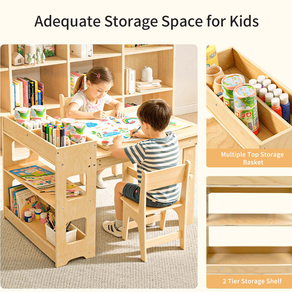 Kids Art Table with 2 Chairs,Children Activity Table with Storage Shelves,Wooden Desk with Paper Roll for Drawing Playrooms Daycare Classroom