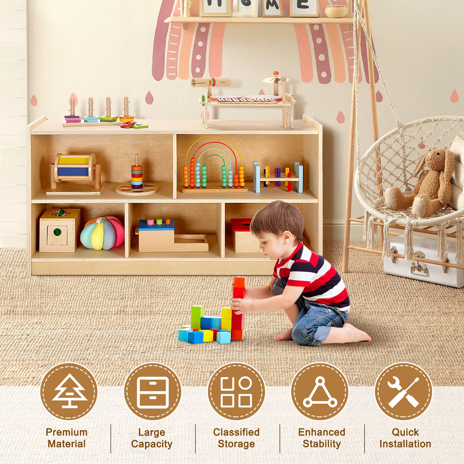 Sweet Time Wooden Storage Cabinet Montessori Bookshelf 5-Section Kids Toy Organizer Book Shelf Living Rooms Nursery Classroom 