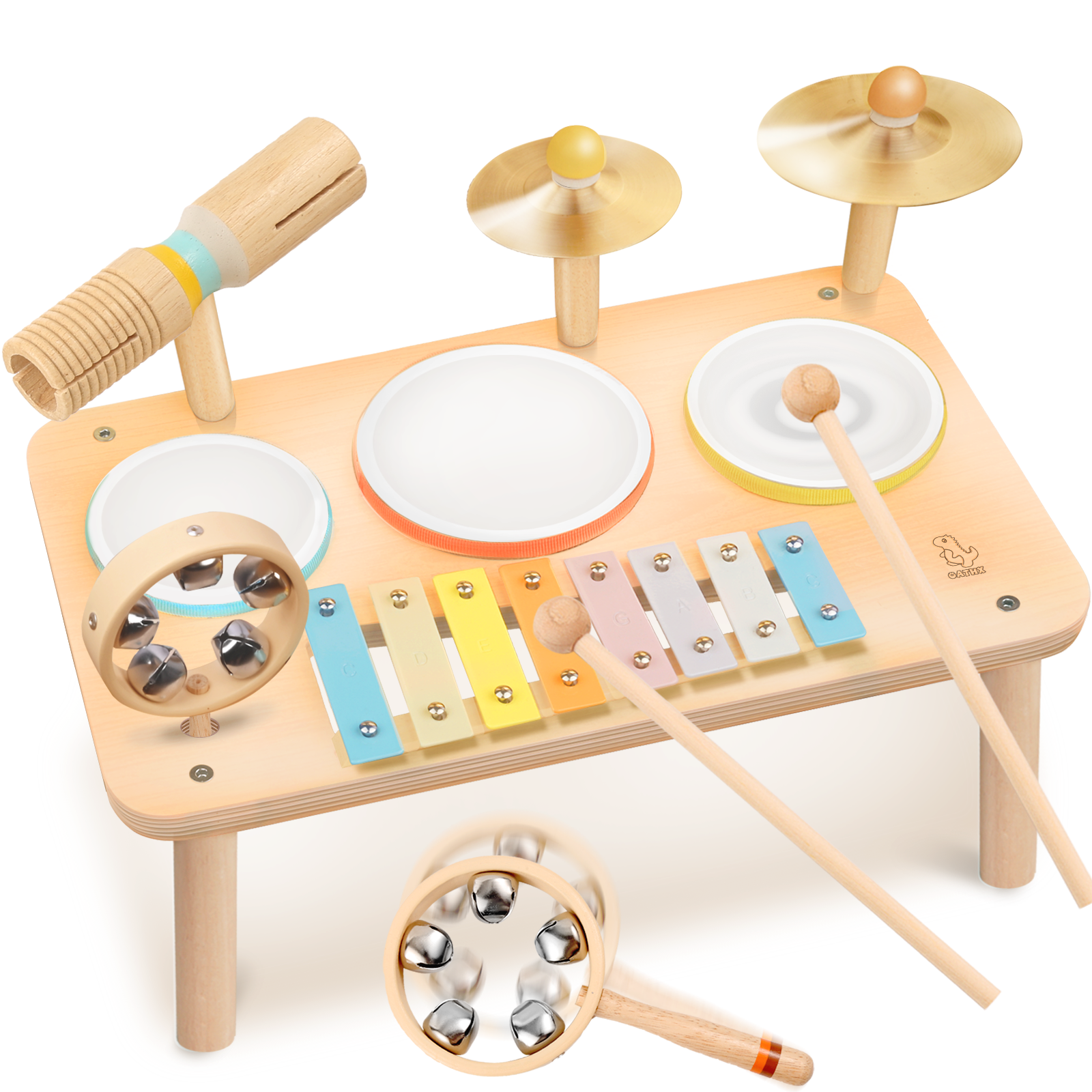 OATHX Kids Drum Set, Montessori Musical Instruments for Toddlers 1-3, Wooden Musical Toys for Baby, Preschool Educational Xylophone Drum Kit