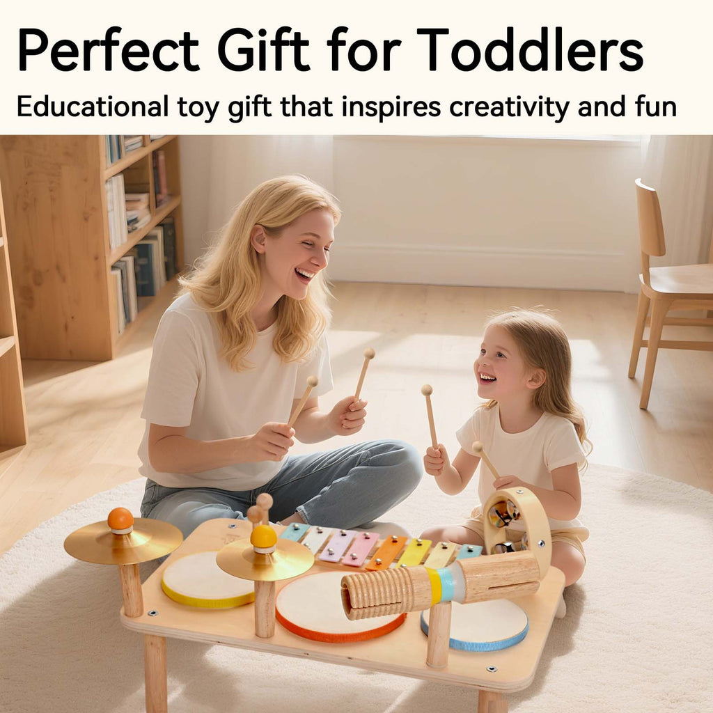 OATHX Kids Drum Set, Montessori Musical Instruments for Toddlers 1-3, Wooden Musical Toys for Baby, Preschool Educational Xylophone Drum Kit