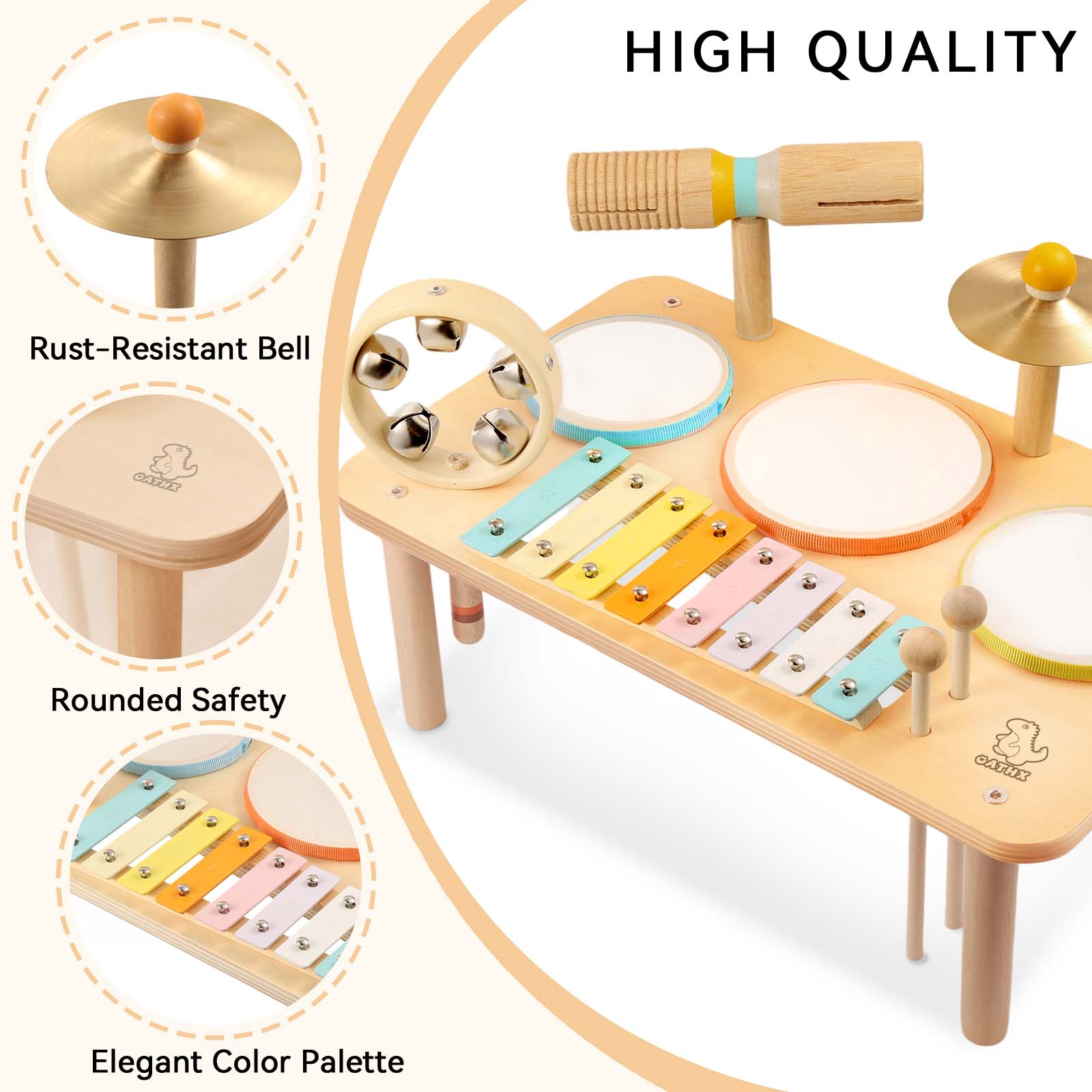 OATHX Kids Drum Set, Montessori Musical Instruments for Toddlers 1-3, Wooden Musical Toys for Baby, Preschool Educational Xylophone Drum Kit