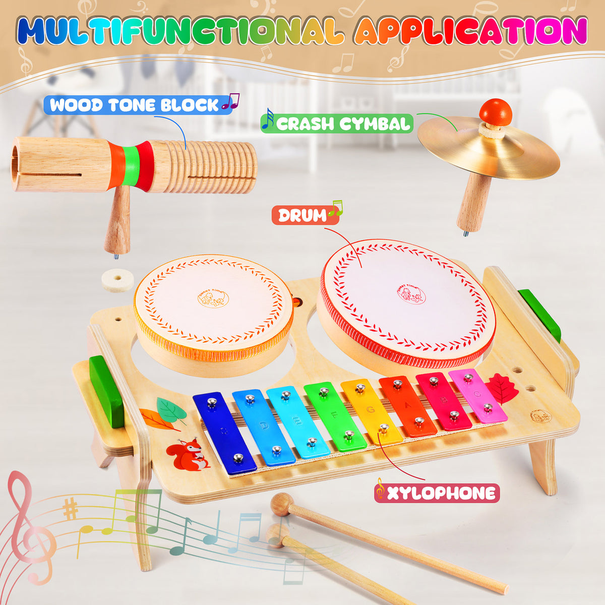 WINGYZ Kids Drum Set, 7-in-1 Wooden Music Instruments for Toddlers FSC Safe Montessori Toys, Low-Noise Musical Toys with Drums, Xylophone for Rhythm, Build Hand-Eye Coordination Gifts for Boys Girls