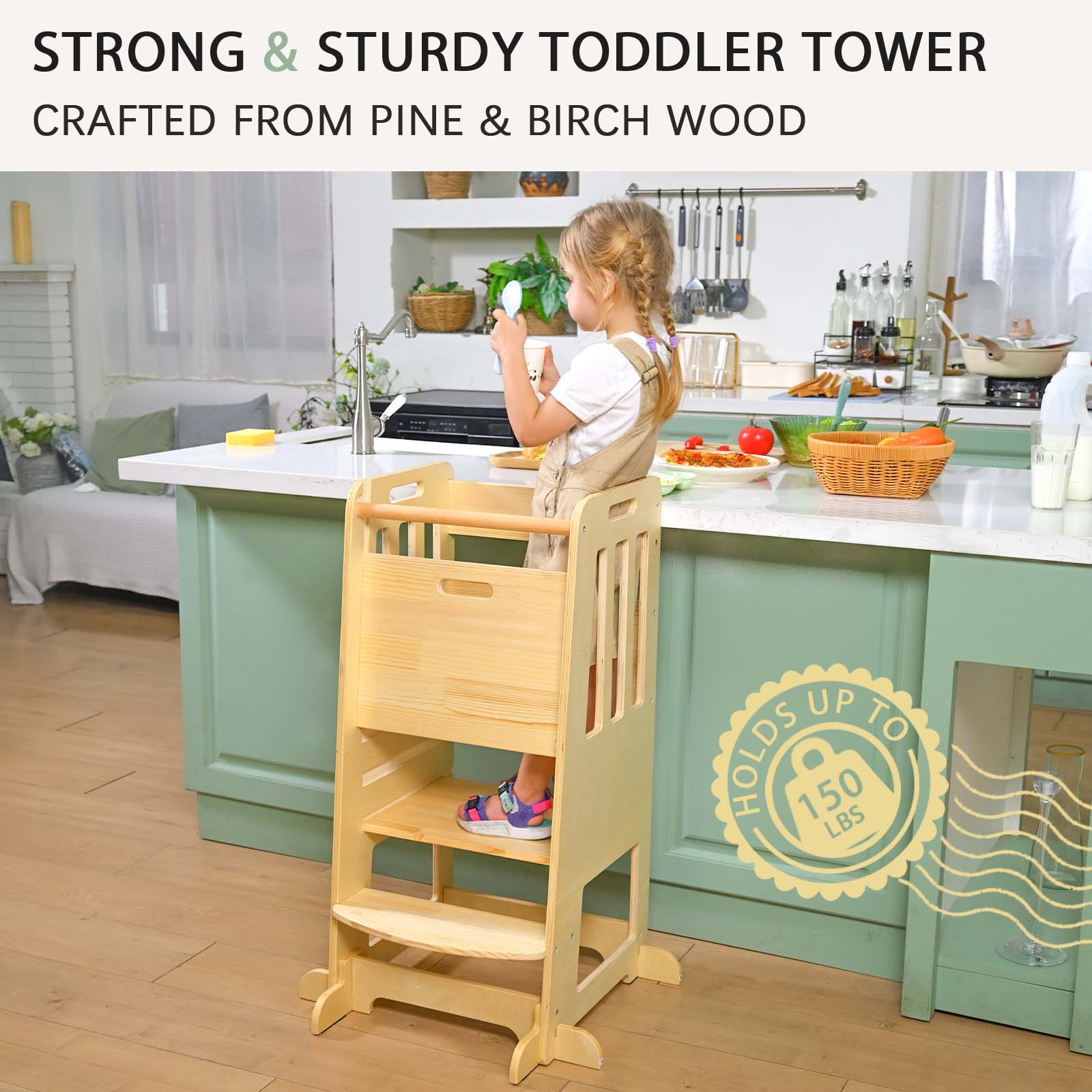 Sweet Time Toddler Standing Tower, Kids Kitchen Stool Helper 3 Levels Adjustable Height Wooden Toddler Step Stools for Learning New Skills