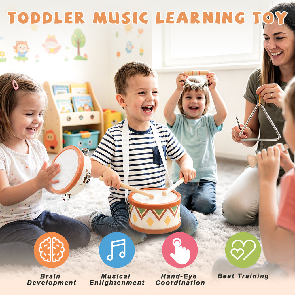 OATHX Kids Drum Set Tambourine Maracas Toy Drum Baby Music Kit Wood Musical Instruments for Toddler