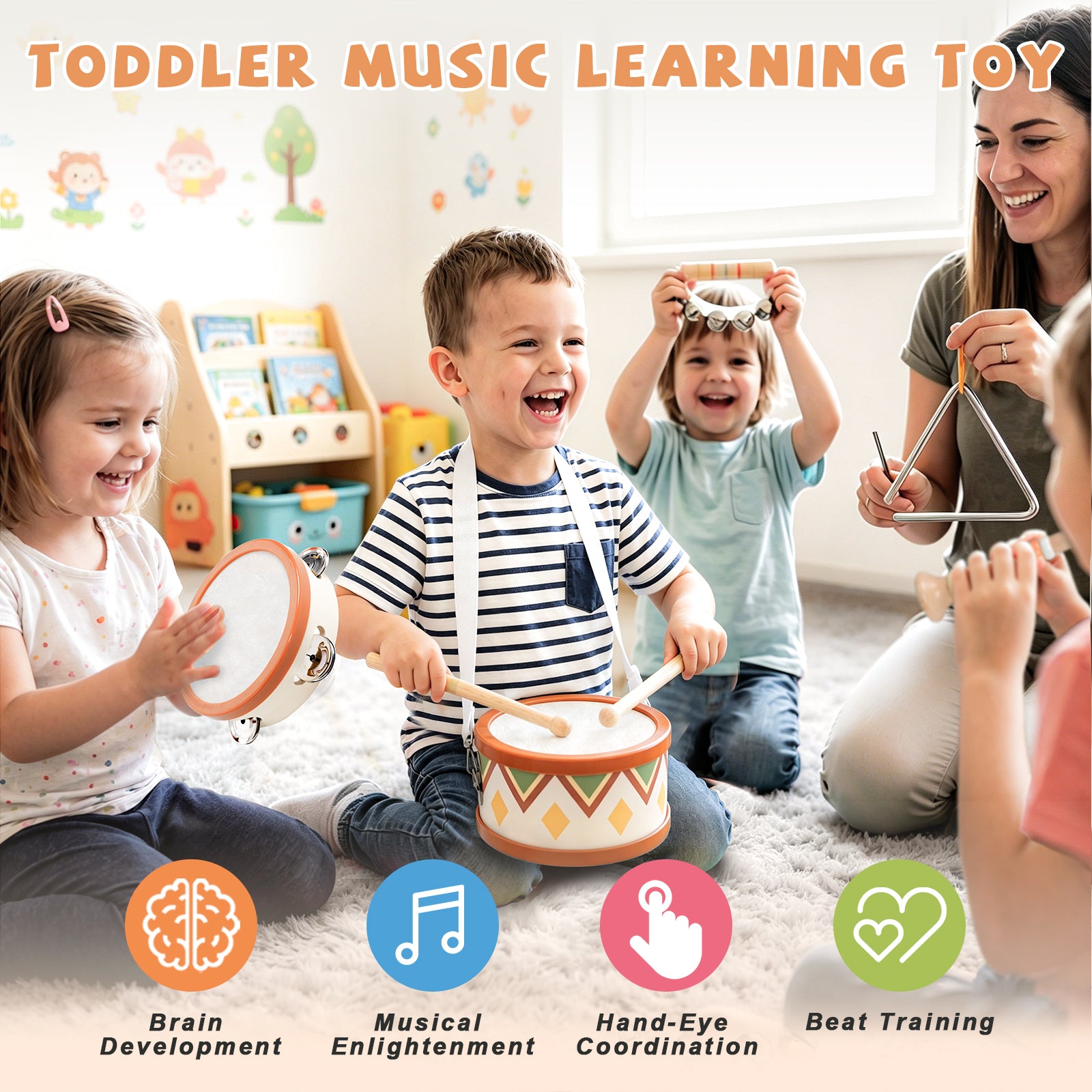OATHX Kids Drum Set Tambourine Maracas Toy Drum Baby Music Kit Wood Musical Instruments for Toddler