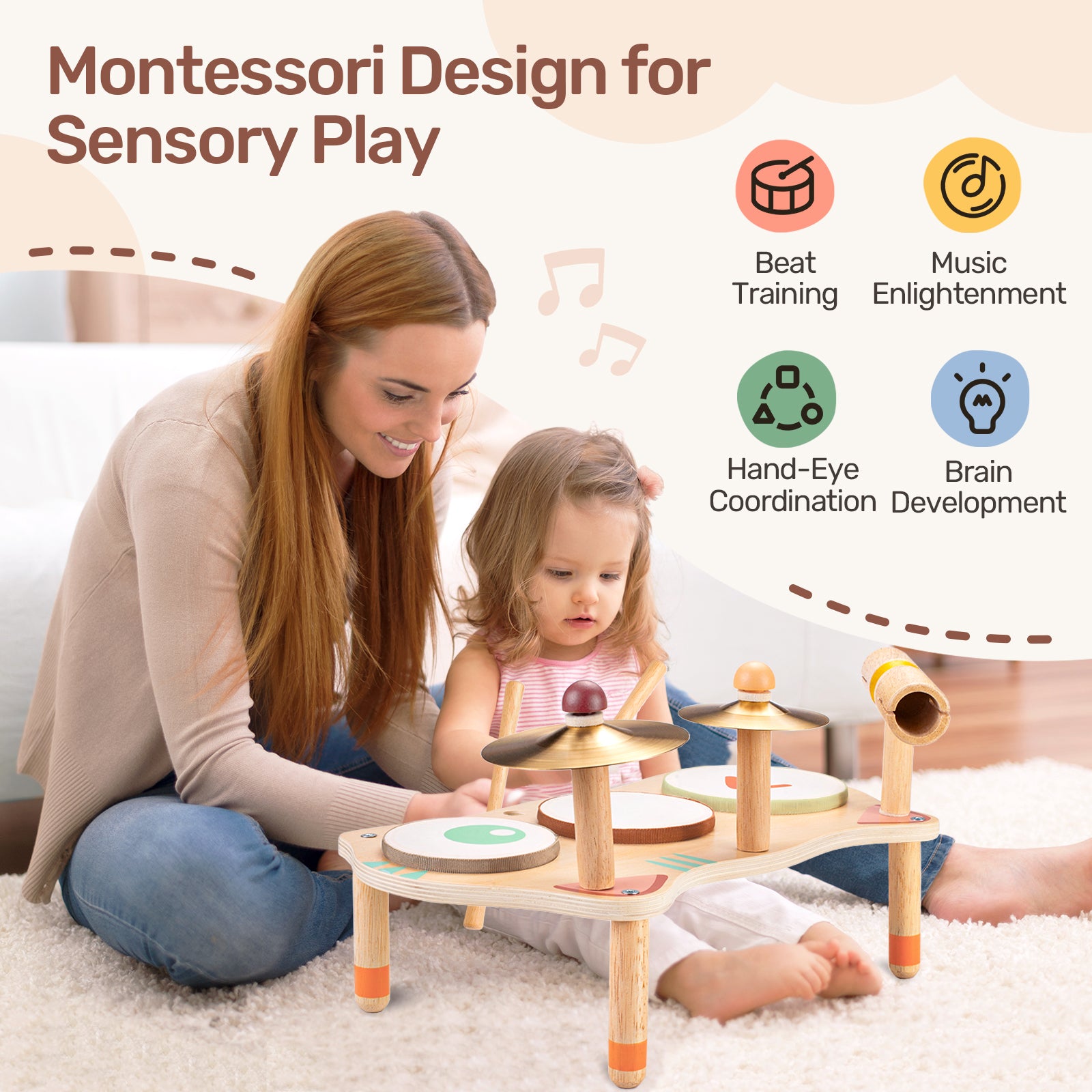 OATHX Kids Drum Set Montessori Musical Instruments Wooden Music Toys for Baby, Toddler Sensory Preschool Drum Kit, Birthday Gifts for Boys Girls