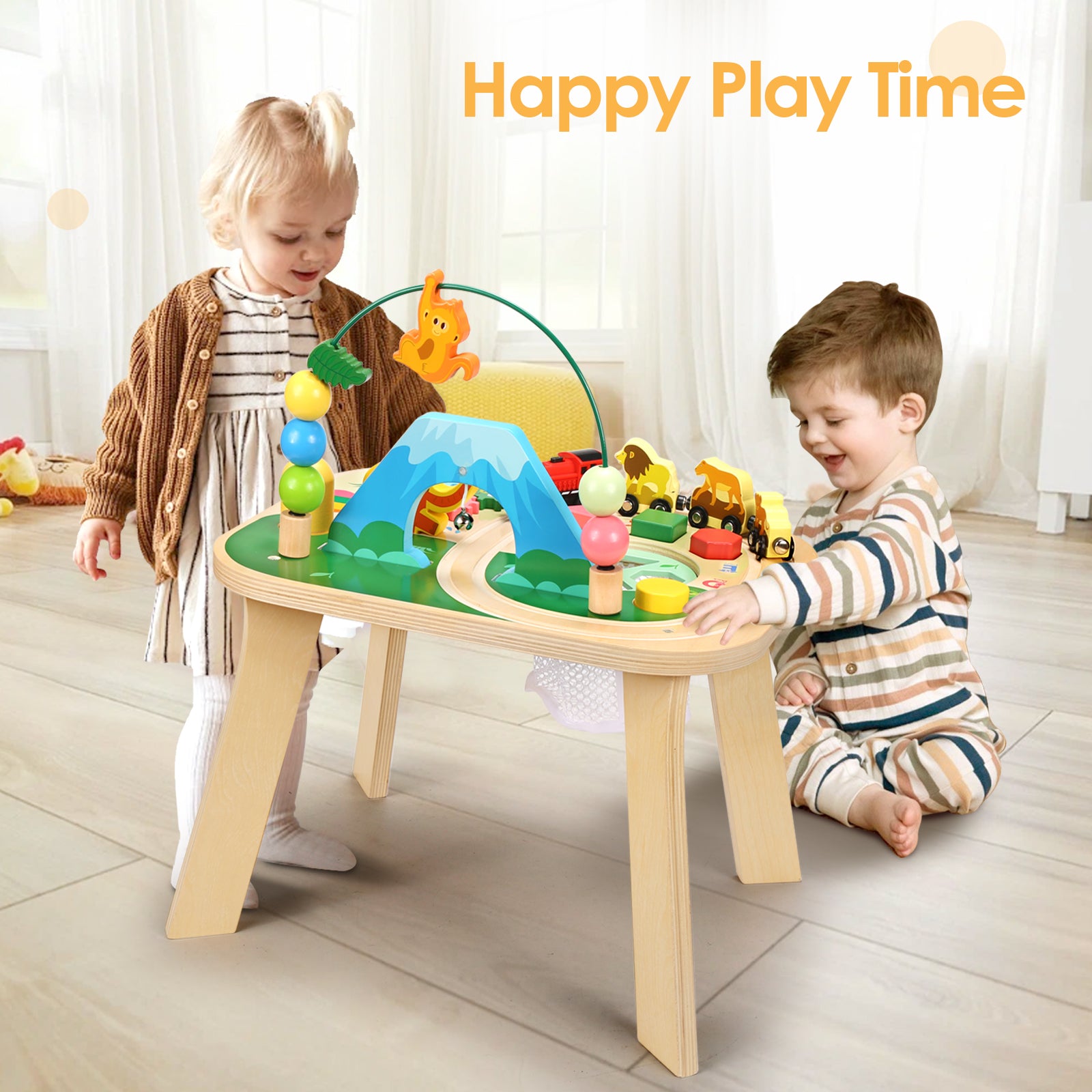 OATHX Toddler Activity Table Train Track Toy Bead Maze Wooden Montessori Learn Toys Kids Sensory Table for 1 Year