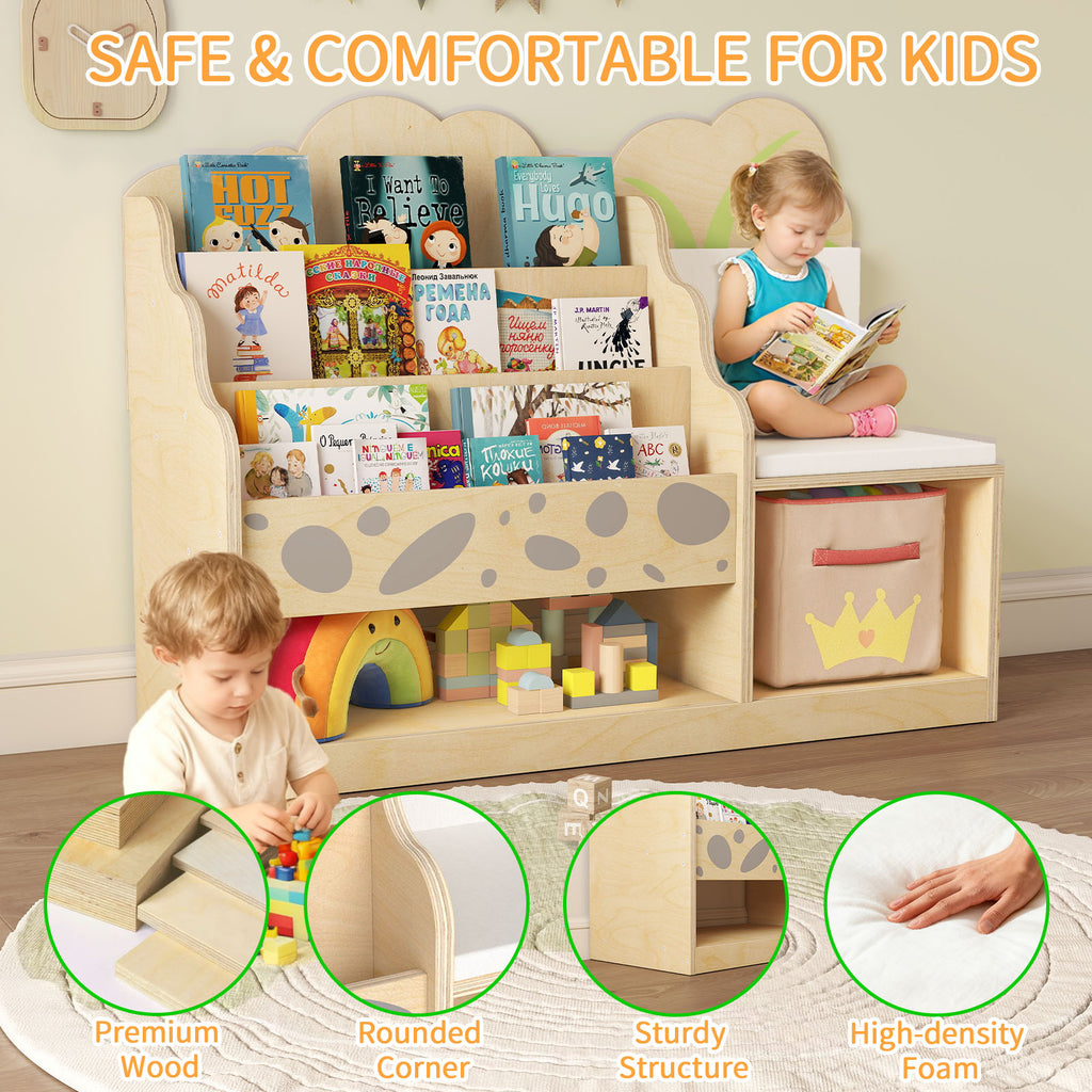 WINGYZ 4-in-1 Wooden 3-Tier Kids Bookshelf & Toy Storage with Reading Nook, Wide Cute Montessori Book Shelf for Kids Rooms Nursery Playroom Living Room Classroom Preschool Gift