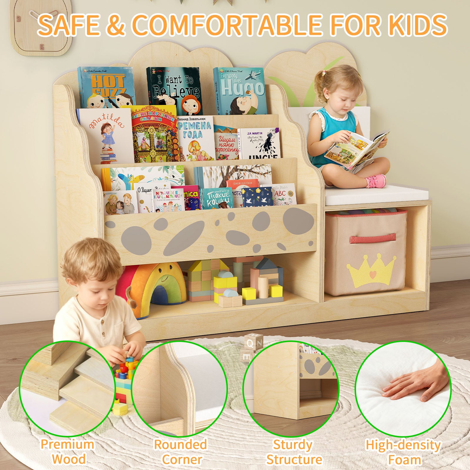 WINGYZ 4-in-1 Wooden 3-Tier Kids Bookshelf & Toy Storage with Reading Nook, Wide Cute Montessori Book Shelf for Kids Rooms Nursery Playroom Living Room Classroom Preschool Gift