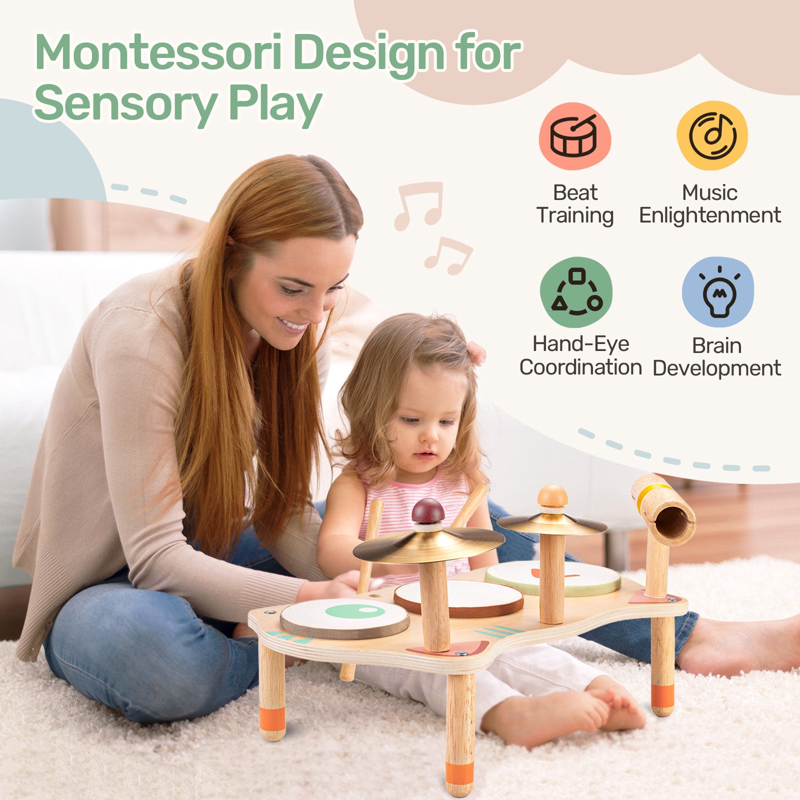 WINGYZ Wooden Montessori Drum Set (Neutral Colors)