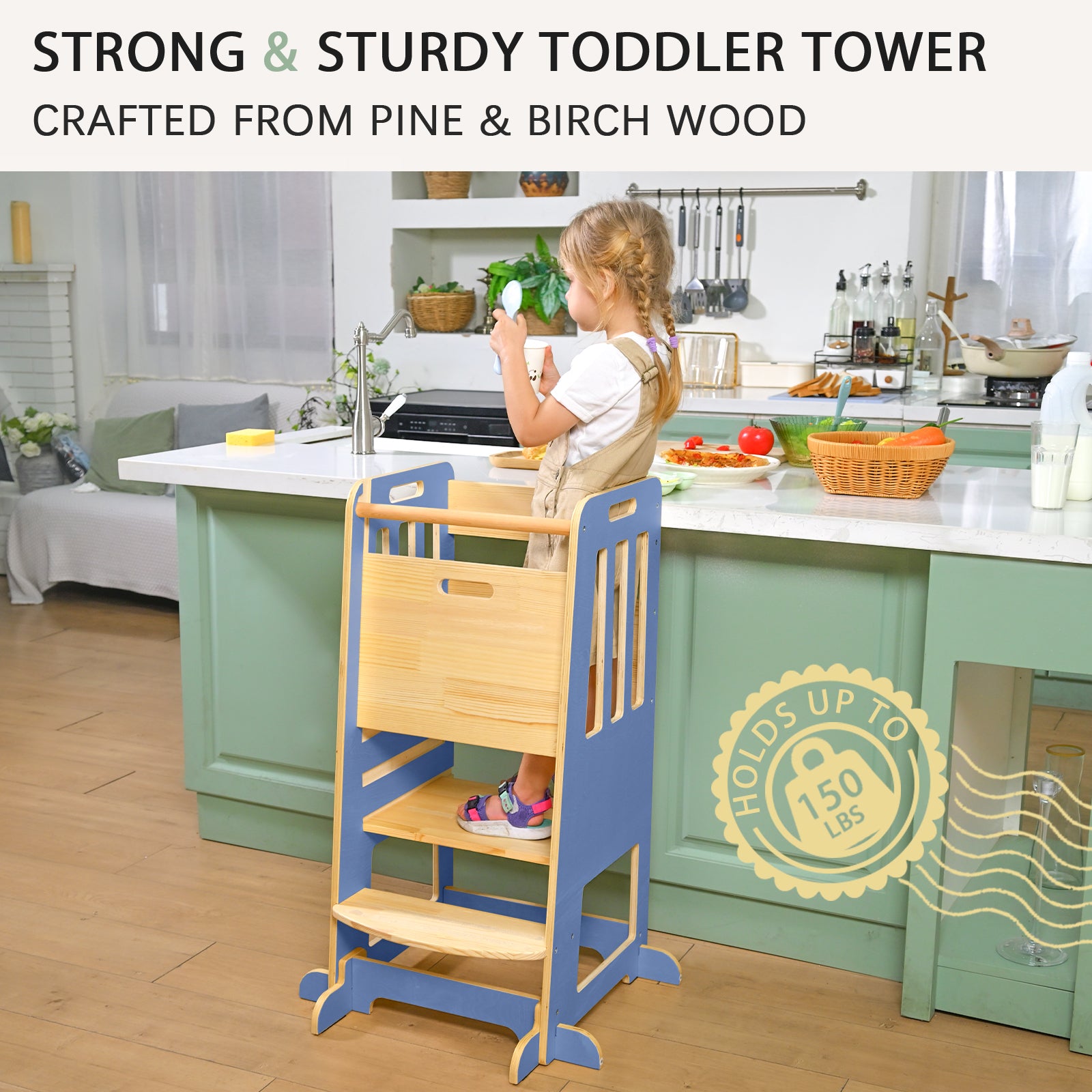 Sweet Time Toddler Standing Tower, Kids Kitchen Stool Helper 3 Levels Adjustable Height Wooden Toddler Step Stools for Learning New Skills