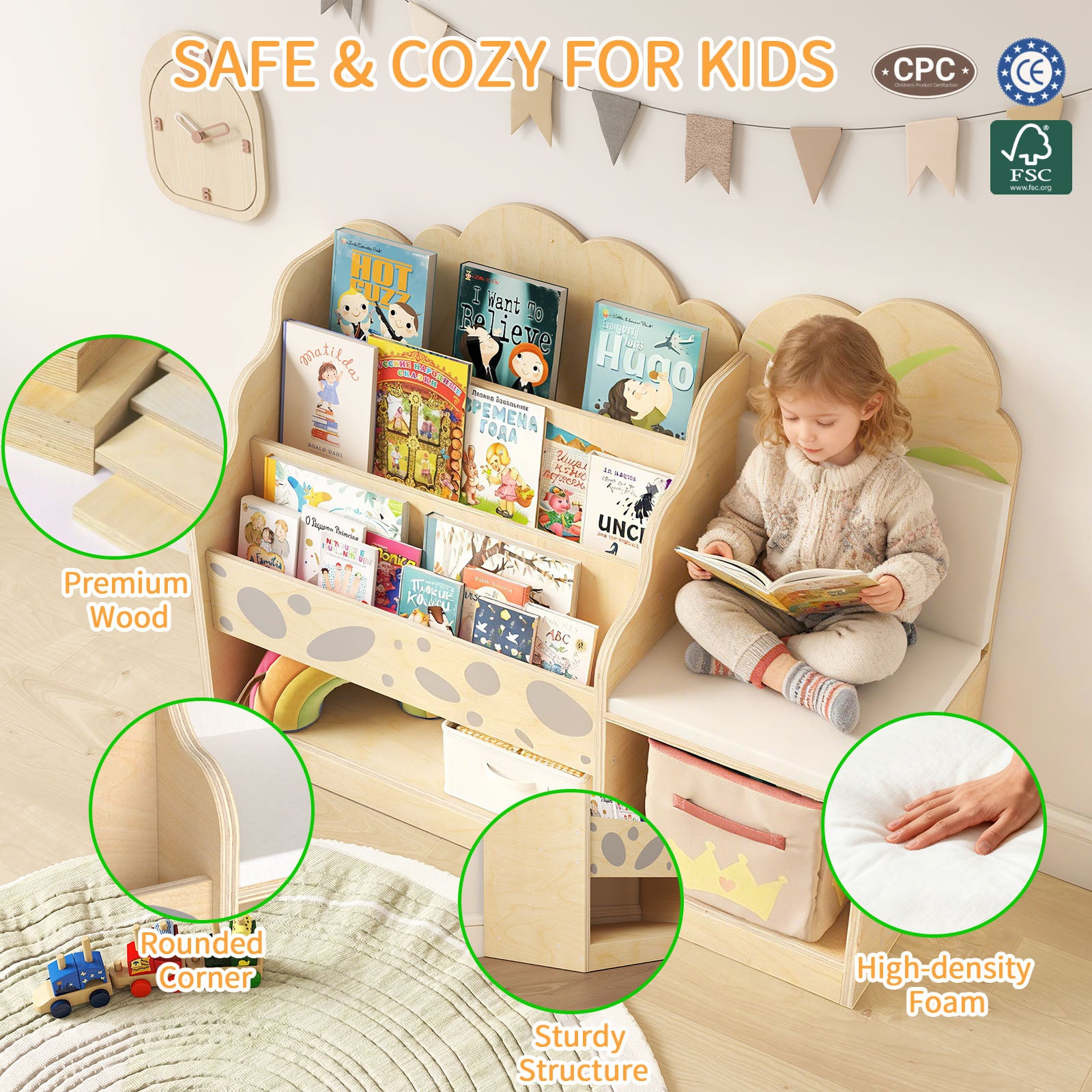 WINGYZ 4-in-1 Kids Bookcase with Cushioned Bench
