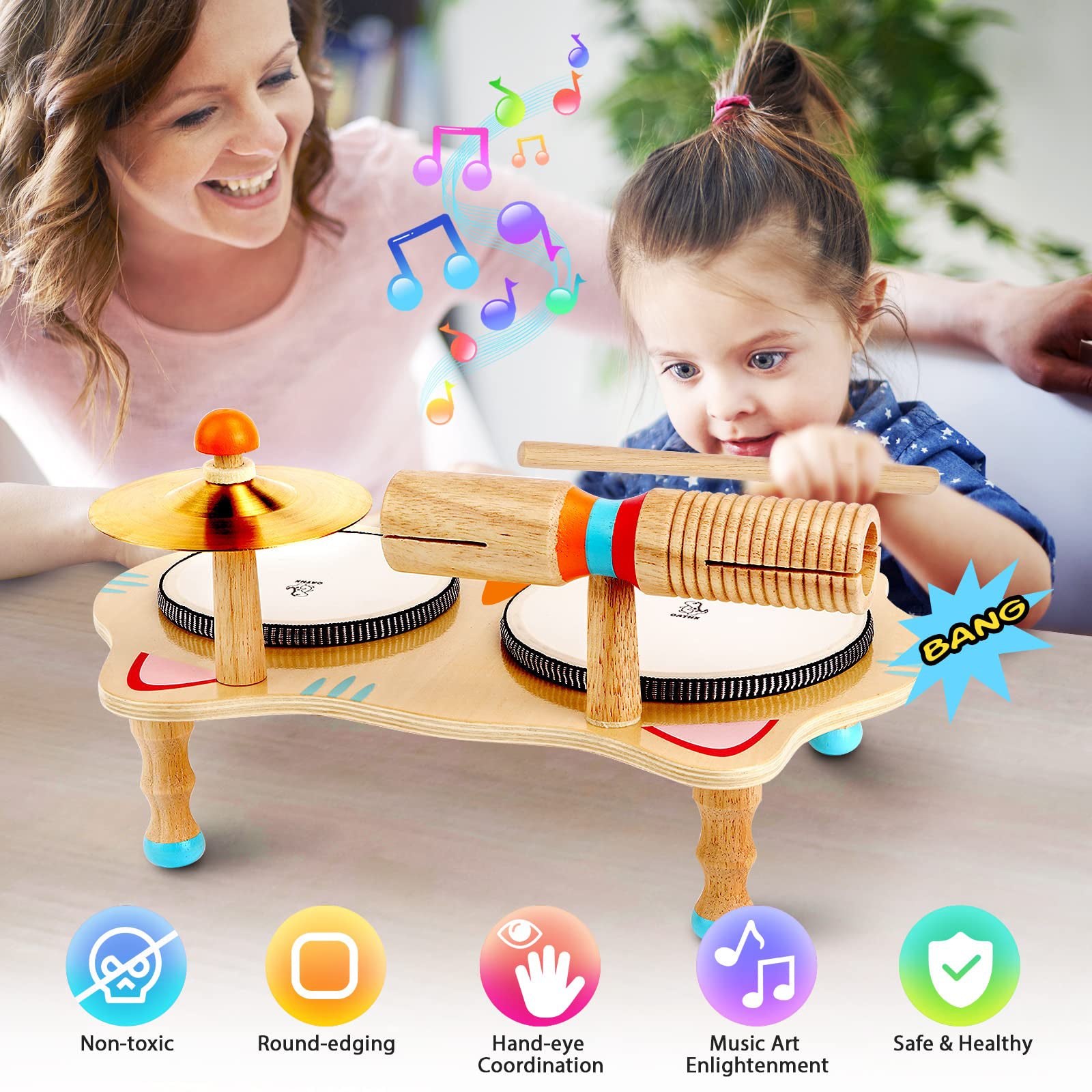 OATHX Toddler Drum Set Educational Toys Kids Wood Musical Instruments Baby Montessori Learn Music Birthday Gift
