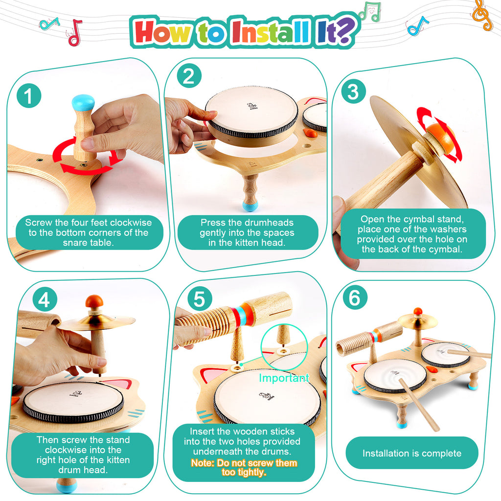 WINYGZ 6-in-1 Wooden Kids Drum Set